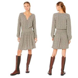 New Faherty Montara Leaf Batik Long Sleeve split-neck Dress Size